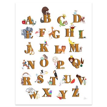 Impression d'art alphabet illustré vintage doré A4 - 21 x 29,7 cm 3