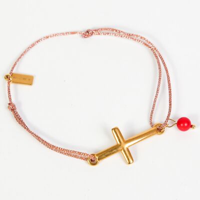 Bracelet cordon Lurex 18k Croix Rose