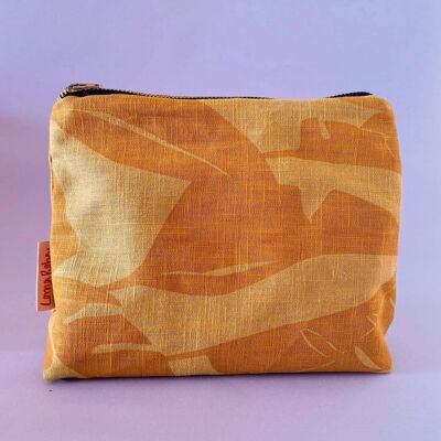 Leafy Handprinted Linen Pouch , Orange/Natural Monstera