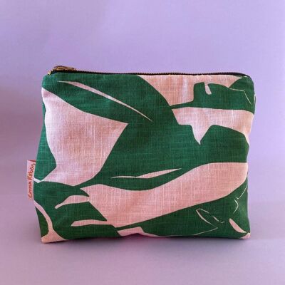 Leafy Handprinted Linen Pouch , Green/Pink Banana Leaf