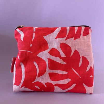 Leafy Handprinted Linen Pouch , Red/Pink Monstera
