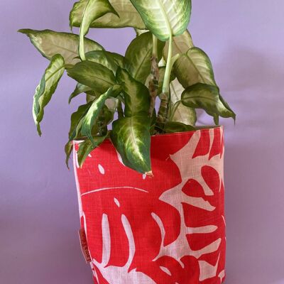 Leafy Handprinted Linen Plant Pot Cover (XL) , Red/Pink Monstera