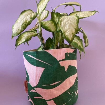 Leafy Handprinted Linen Plant Pot Cover (XL) , Green/Pink Banana Leaf