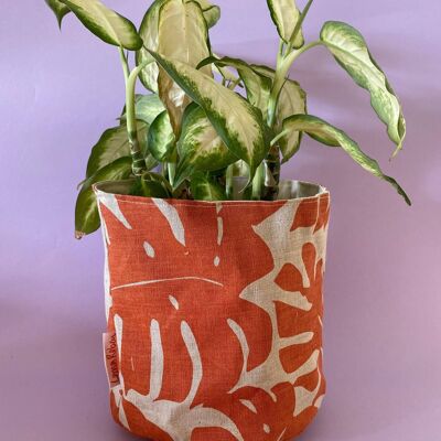 Leafy Handprinted Linen Plant Pot Cover (XL) , Orange/Natural Monstera