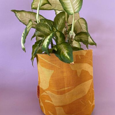 Leafy Handprinted Linen Plant Pot Cover (XL) , Mustard/Yellow Banana Leaf