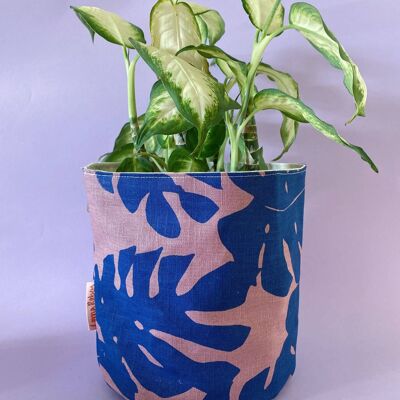 Leafy Handprinted Linen Plant Pot Cover (XL) , Blue/Natural Banana Leaf