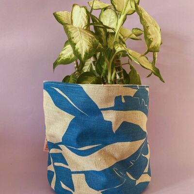 Leafy Handprinted Linen Plant Pot Cover (XL) , Blue/Lavender Monstera