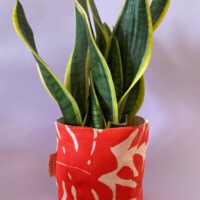 Leafy Handprinted Linen Plant Pot Cover (Large) , Red/Pink Monstera