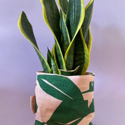 Leafy Handprinted Linen Plant Pot Cover (Large) , Green/Pink Banana Leaf
