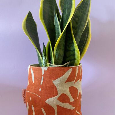 Leafy Handprinted Linen Plant Pot Cover (Large) , Orange/Natural Monstera