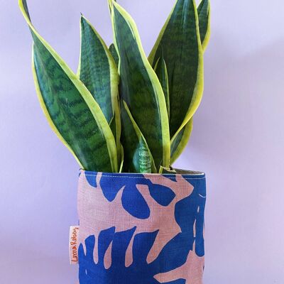 Leafy Handprinted Linen Plant Pot Cover (Large) , Blue/Natural Banana Leaf