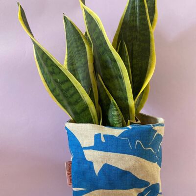 Leafy Handprinted Linen Plant Pot Cover (Large) , Blue/Lavender Monstera