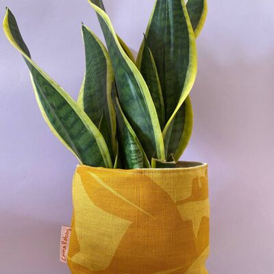 Leafy Handprinted Linen Plant Pot Cover (Large) , Mustard/Yellow Banana Leaf