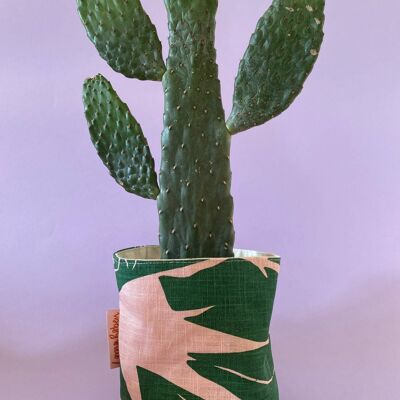 Leafy Handprinted Linen Plant Pot Cover (Medium) , Green/Pink Banana Leaf