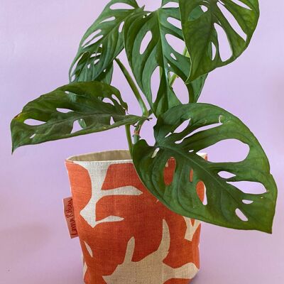 Leafy Handprinted Linen Plant Pot Cover (Medium) , Orange/Natural Monstera