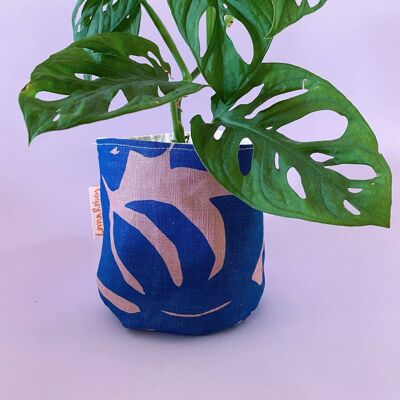 Leafy Handprinted Linen Plant Pot Cover (Medium) , Blue/Natural Banana Leaf