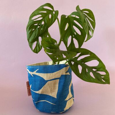 Leafy Handprinted Linen Plant Pot Cover (Medium) , Blue/Lavender Monstera