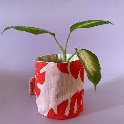 Leafy Handprinted Linen Plant Pot Cover (Small) , Red/Pink Monstera