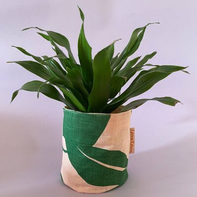 Leafy Handprinted Linen Plant Pot Cover (Small) , Green/Pink Banana Leaf