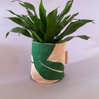 Leafy Handprinted Linen Plant Pot Cover (Small) , Green/Pink Banana Leaf