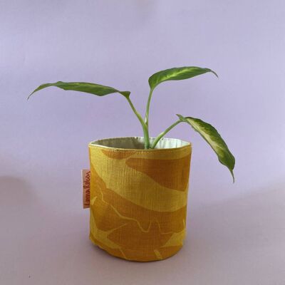 Leafy Handprinted Linen Plant Pot Cover (Small) , Mustard/Yellow Banana Leaf