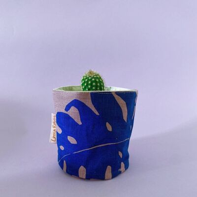 Leafy Handprinted Linen Plant Pot Cover (Small) , Blue/Natural Banana Leaf