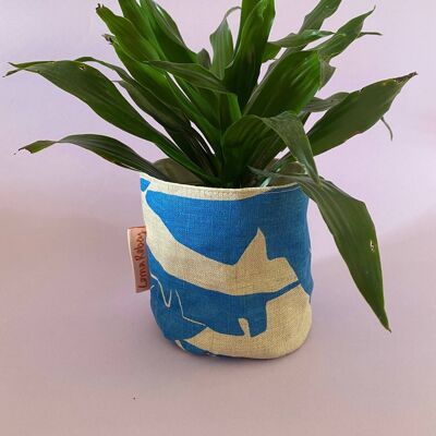 Leafy Handprinted Linen Plant Pot Cover (Small) , Blue/Lavender Monstera