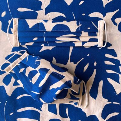 Leafy Handprinted Face Covering , Blue Monstera