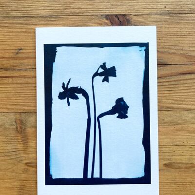 Carte de vœux bleu botanique jonquilles négatives