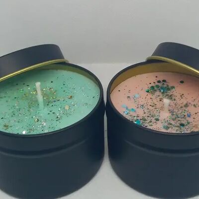 Small tin scented candle 4oz  White label  or Branded , Aqua Blossom and Coral , sku673