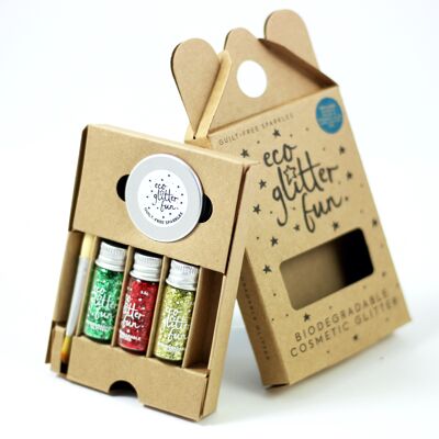 Kit navideño en caja de 3 piezas Eco Glitter Fun Sparkle - Dorado, verde y cereza