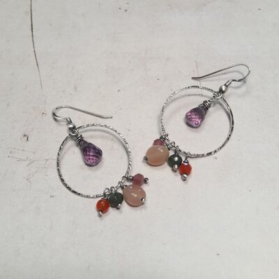 Salvador Ethnic Hoop Earrings in 925 Silver and Natural Stones