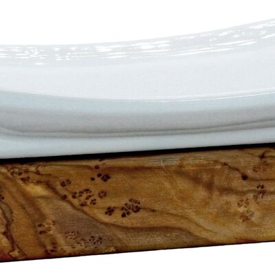 Porcelain soap dish on an olive wood base