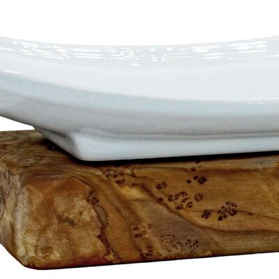 Porcelain soap dish on an olive wood base