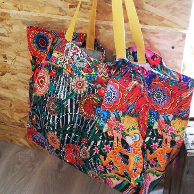 Printed shopping bag - very colorful lotus and monkey