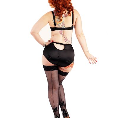 Fishnet Seamed Lace Top Hold Ups with Bow-Black