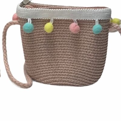 Pale Pink Pom Pom mini straw bag