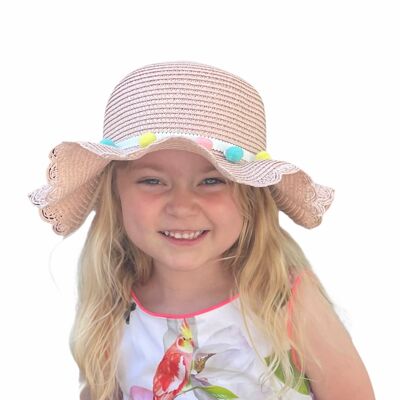 Pink Girls straw pompom summer hat