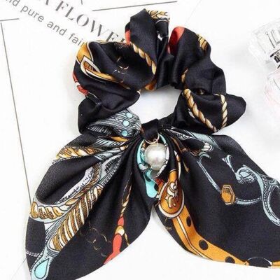 Mya - Black Patterned Scarf Pearl Scrunchies