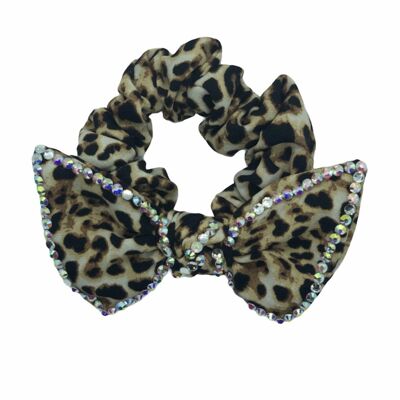 Skylar - Beige Leopard Print DiamantÃ© Bow Scrunchies