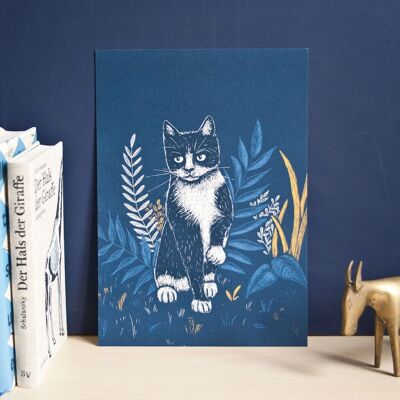 Pósteres | Gato y plantas (azul)