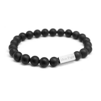 Men's matte black agate bead bracelet - MON PAPA engraving