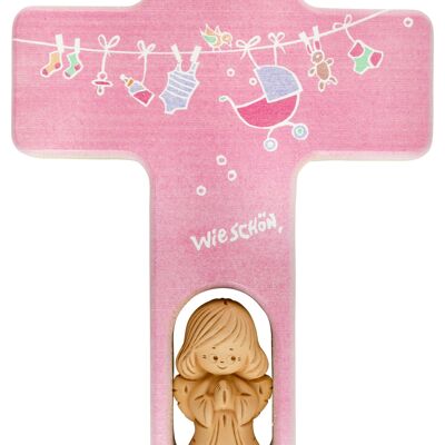 Wooden cross pink with clay angel saying "How nice that you..