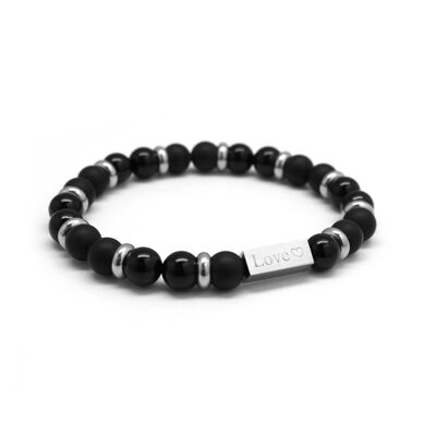 Bracelet perles agates noires - agates noires mates homme - gravure LOVE COEUR