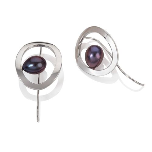Contemporary "O" Earrings in Sterling Silver with Black Freshwater Pearl