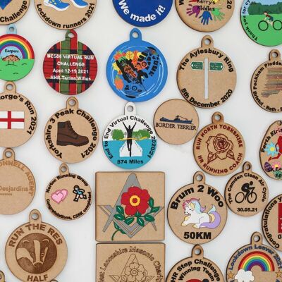 Eco-friendly wooden hand painted medals - personalised - Unpainted with ribbon 70mm by 70mm