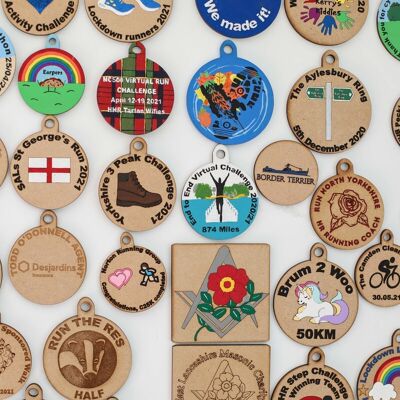 Eco-friendly wooden hand painted medals - personalised - Front and back painted with ribbon 70mm by 70mm