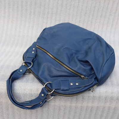 732 - Blue Handles Bag - Tumbled Effect Leather Bags - Tote Bag