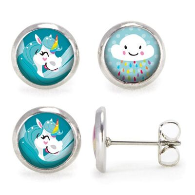 Children's earrings Silver surgical stainless steel - Blue Unicorn / Cloud