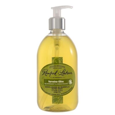 Sapone liquido di Marsiglia extra delicato con verbena e oliva, flacone dosatore da 500 ml, carta della natura